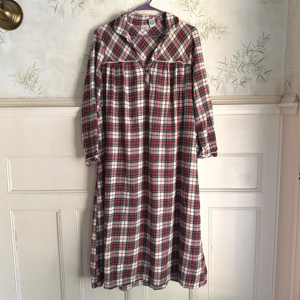LL Bean Plaid Traditional Nightgown Flannel Red Cotton Sleep Dress Small Petite